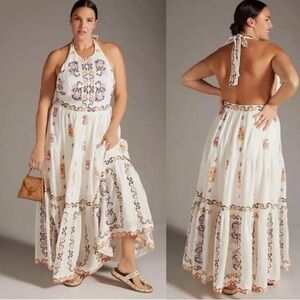 Anthropologie Medallion Halter embroidered cotton boho Maxi Dress size 12